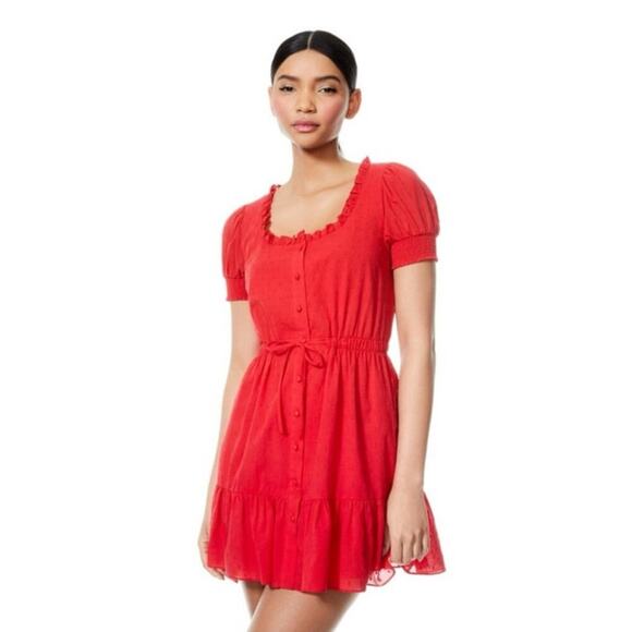 Alice + Olivia Avi Cotton Button Down Ruched Waist Mini Dress Size 2 - Picture 1 of 9